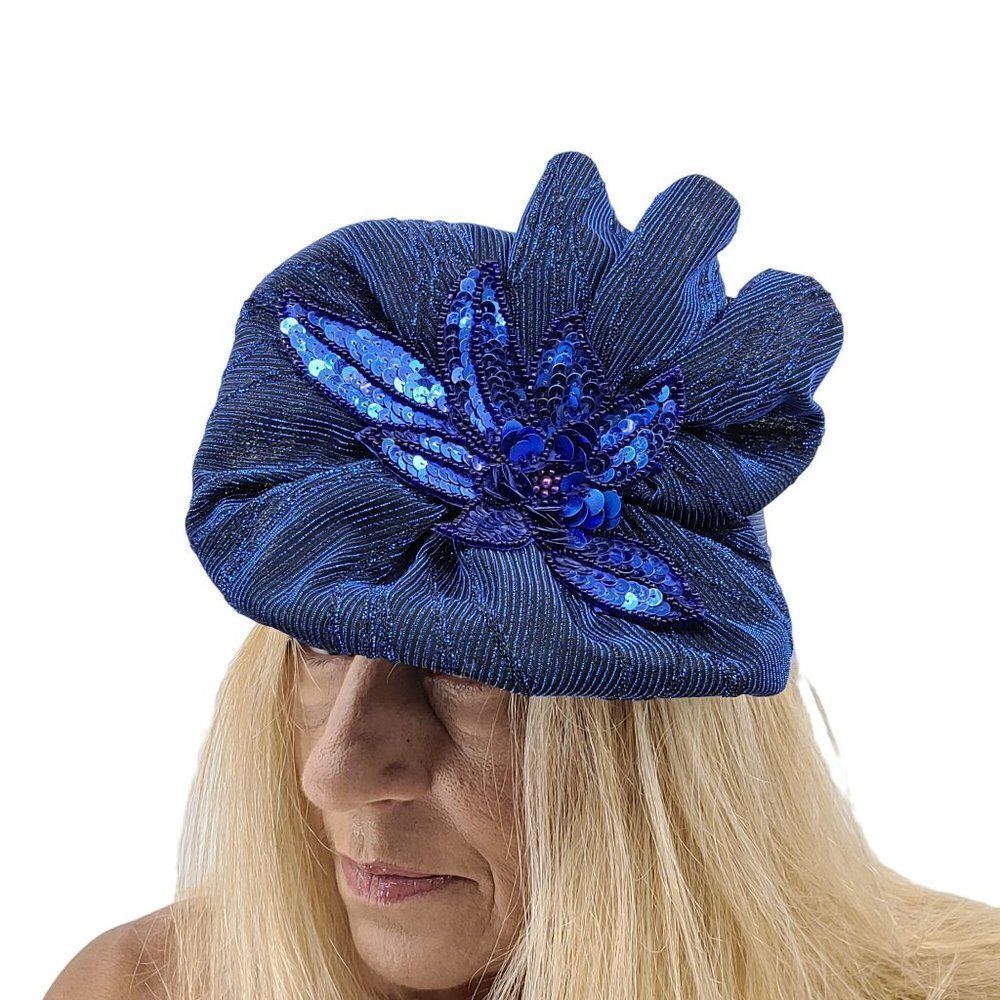 Vintage 80s Flapper Hat Blue Sparke Metallic Sequin 3D Flower‎ Great Gatsby Glam